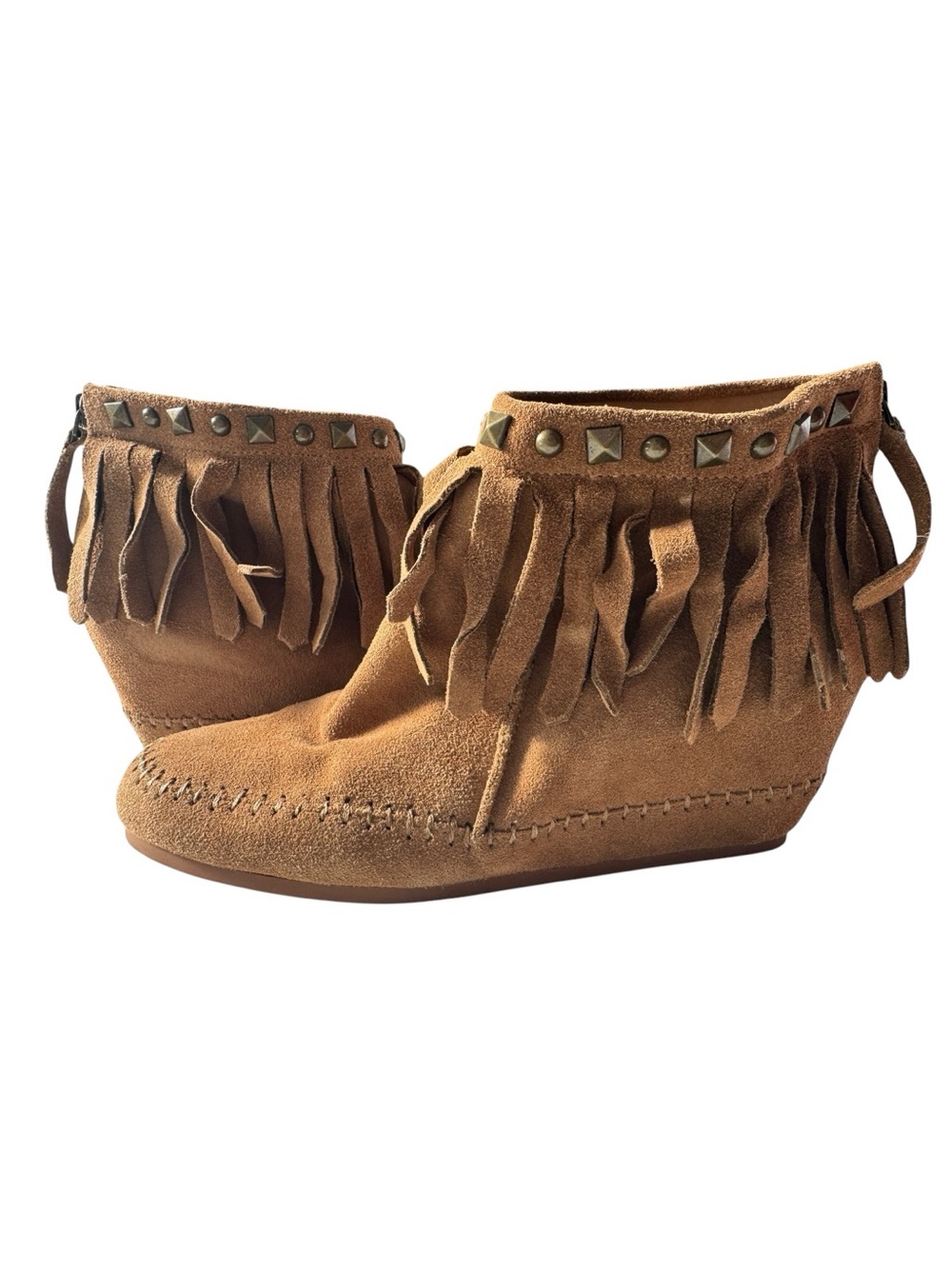 Crown Vintage Ranchero Tan Suede Fringe Wedge Booties Studded Ankle Boots Sz 10
